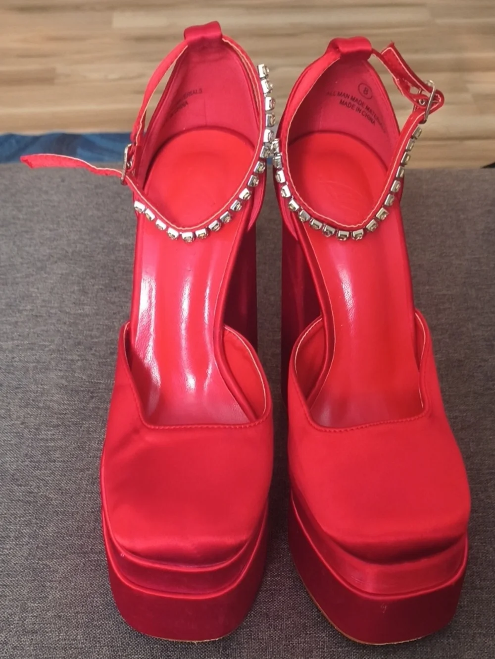 Liliana Red Platform Ankle-Strap Pumps with Rhinestone Trim